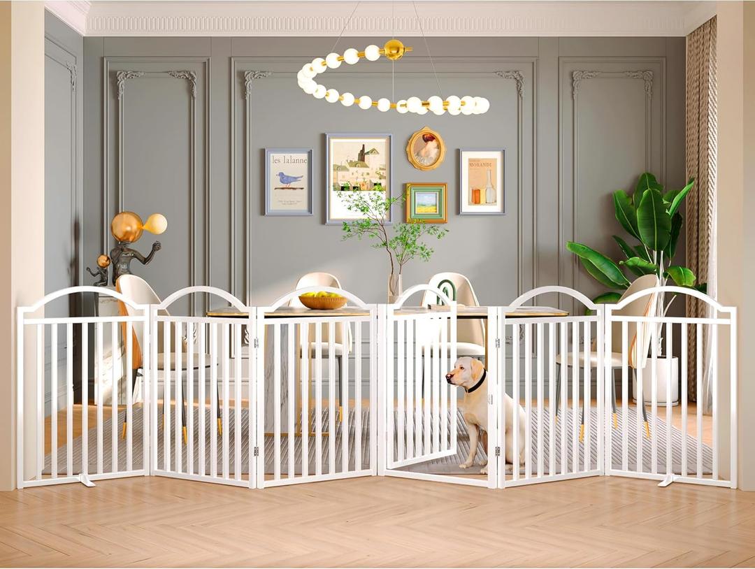 BHG Metal No-Assembly Freestanding Dog Gate with Door Walk Through, Extra Wide 144", Extra Tall 32" Pet Gate, Accordion Puppy Folding Playpen Dog Fence for Indoor & Outdoor, with 2PCS Support - White (6 Panels)