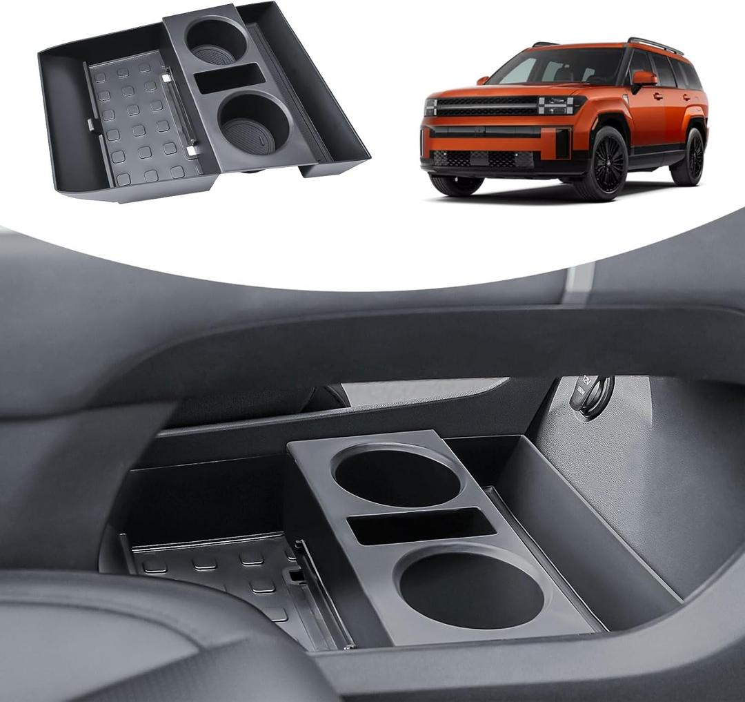 Lower Center Console Organizer Compatible with Hyundai Santa Fe 2024 2025 2026 Interior Accessories, Floor Armrest Storage Box Insert Tray Under Compartment Divider with Cup Holder Black