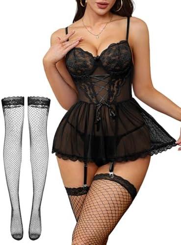 Foxiny Sexy Floral Lace Mesh Sheer Garter Babydoll Lingerie Dress Corset Outfit Set with Thong 3 Piece M