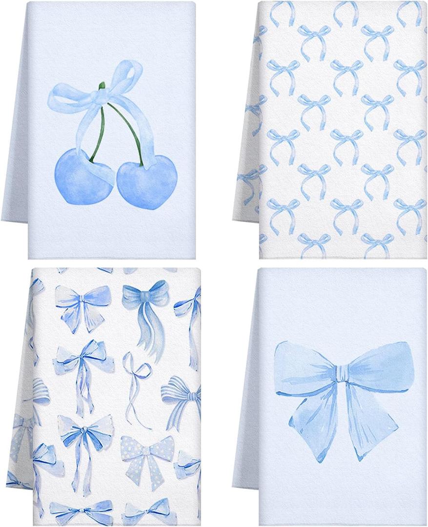 Macarrie 4 Pcs Bow Coquette Kitchen Towels Trendy Cute Hand Towels Coquette Bow Gifts Preppy Microfiber Kitchen Supplies for Hostess Housewarming, 18 x 26 in (Blue)