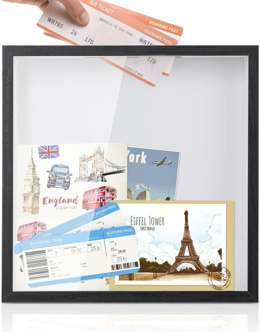 Adventure Archive Box, 12 x 12 Inch Travel Box for Memories, Travel Shadow Box Frame with Slot, Adventure Box, Keepsake Display Case, Perfect for Travel Memento Display Case Travel Decor Gift (Black)