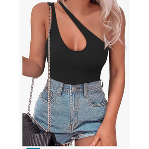 SAUNGKUAI Women's Sexy One Shoulder Sleeveless Cutout Thong Bodysuit Tank Top Body Suits V Backless Tummy Control Shapewear, XL