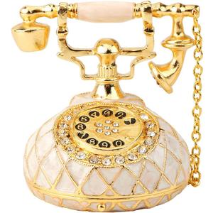 QIFU Hand Painted Small White Telephone Style Enameled Trinket Box Hinged, Unique Gift for Family