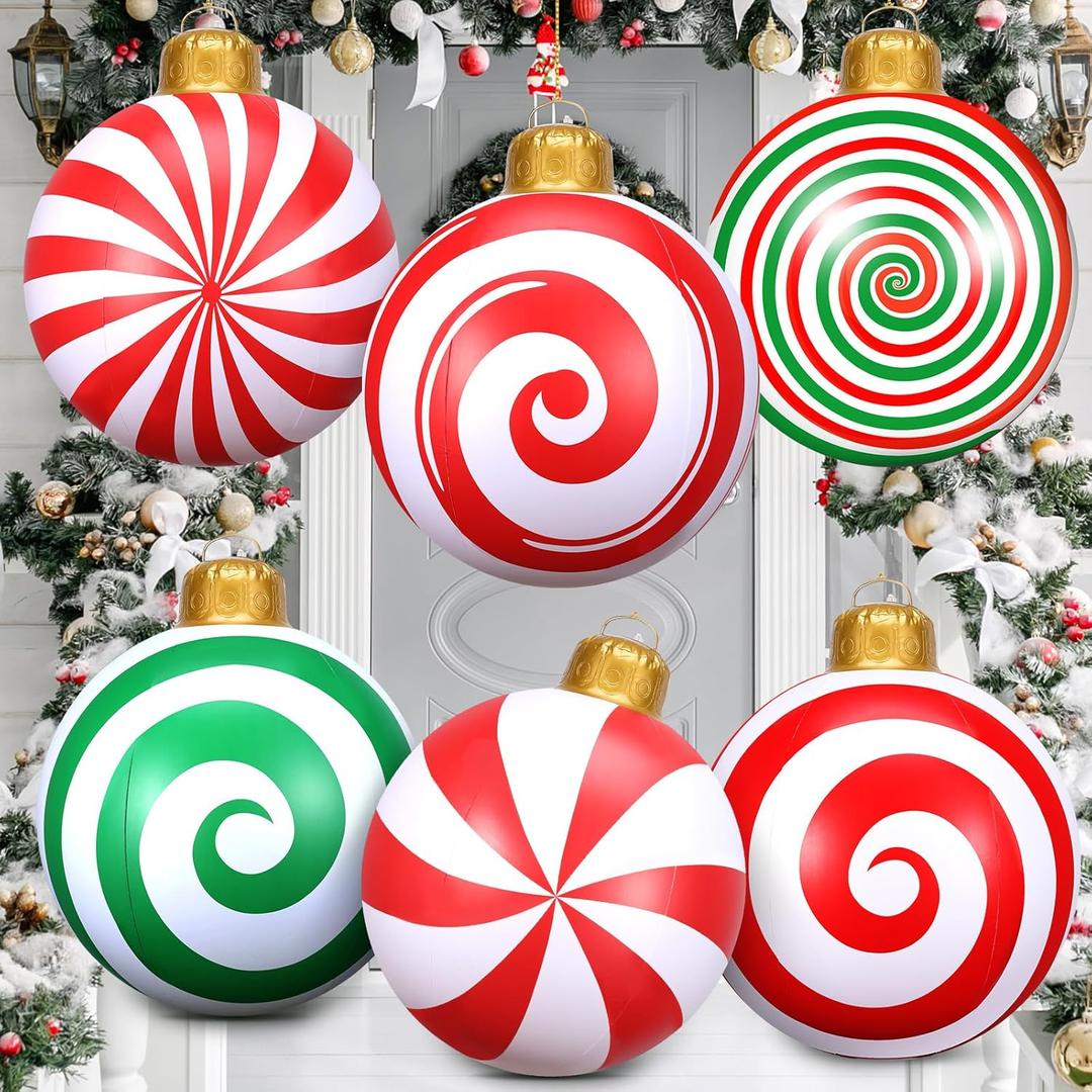 6 Pcs 24 Inch Inflatable Christmas Balls Oversized PVC Christmas Ornaments Large Christmas Tree Balls Blow up Christmas Ornaments Decorations for Yard Lawn Porch Party Decor (Multicolor)