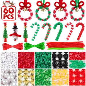 Lanstics 60 Sets Christmas Craft Beaded Ornament Kit Including 18PCS Wreath/18PCS Candy Cane/12PCS Snowmen/12PCS Christmas Tree for Xmas Craft Tree Decorations Adults Holiday Party (Assembly Needed)