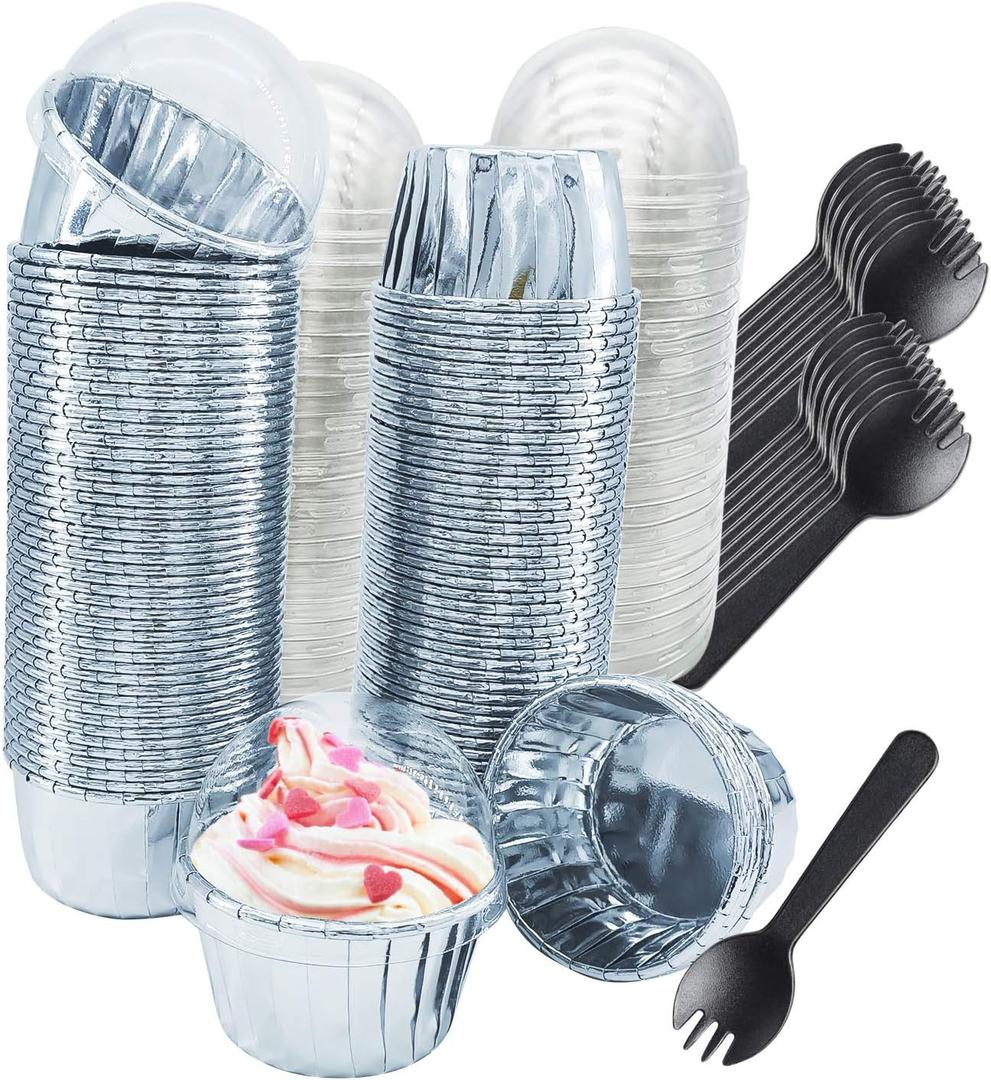 Foil Cupcake Liners with Lids 100Pack,Free-Air 3.5Oz Foil Baking Cups Mini Muffin Liners,Disposable Muffin Tins Muffin Cups,Sturdy Baking Tins Cupcake Wrappers for Individual Bakery,with Spoons-Silver
