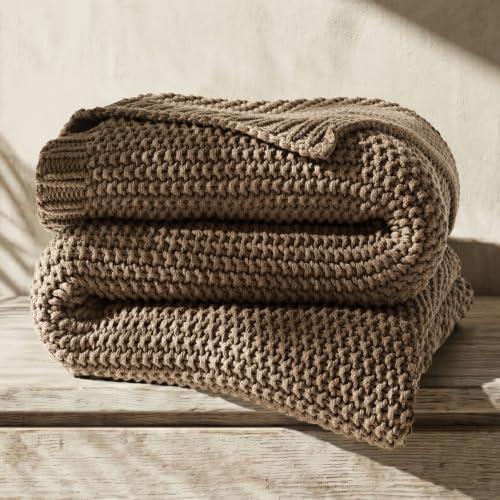 EverGrace Organic Cotton Chunky Knit Throw Blanket, 50 x 60 Stone Taupe | OCS Certified Organic Cotton, Seed Stitch Knit, Soft & Breathable, Cozy Midweight, Decorative Throw for Couch, Bed & Sofa