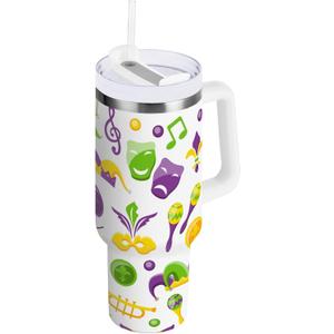 Pigsaly Carnival Mardi Gras 30oz Stainless Steel Vacuum Insulated Tumbler With Lid And Straw Fat Tuesday Carnival Tumbler With Handle Double Wall Vacuum Travel Coffee Mug Water Bottle For Women Men (Multicolor)