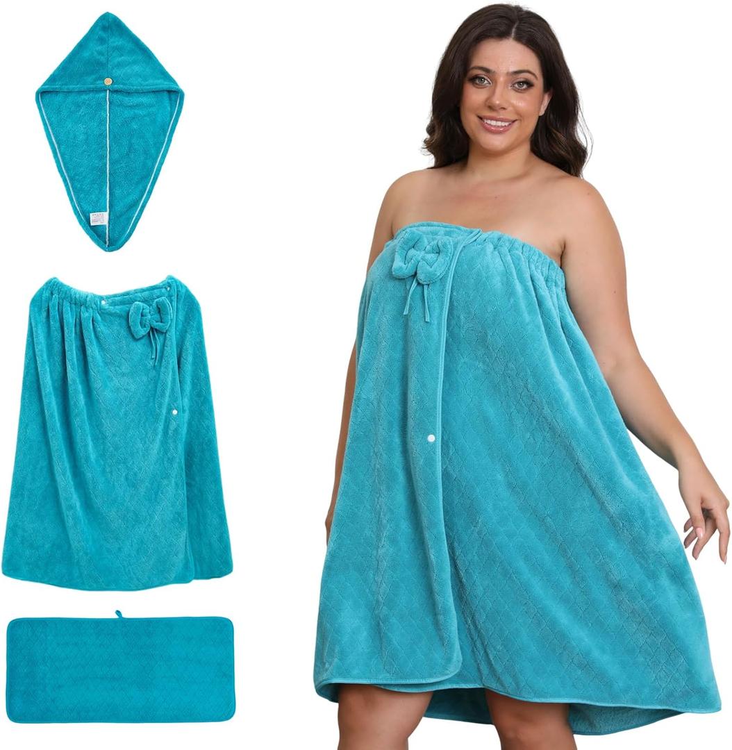 Plus Size Bath Towel Wrap for Women (M-XXL), Oversize Shower Wrap Dress Spa Bathrobe, 80x160cm (Blue)