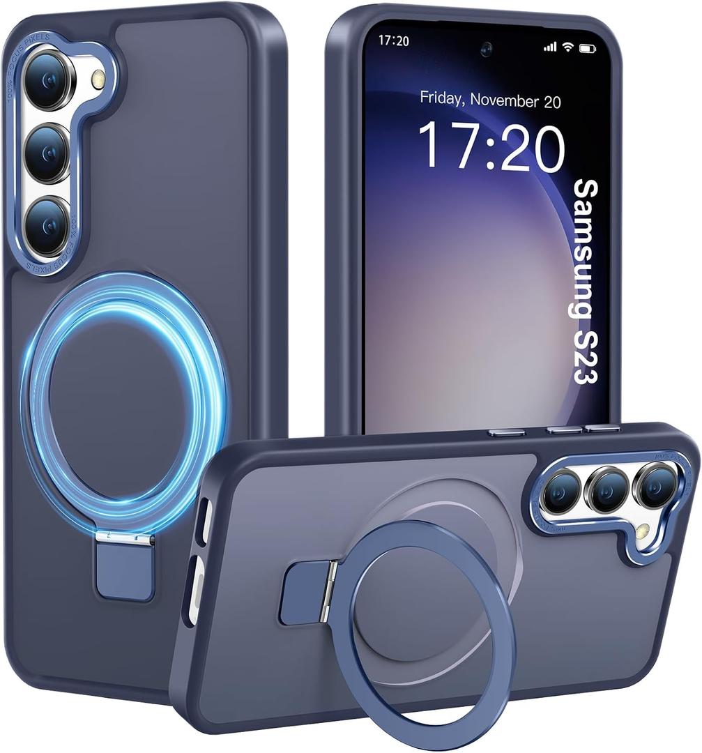 Compatible with Samsung Galaxy S23 Case with Magnetic Ring Stand, Military Drop Protection, Anti-Scratch/Anti-Fingerprint Translucent Matte Case for Samsung Galaxy S23 (Dark Blue)
