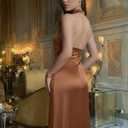 Rosegalette Women's Sexy Halter Neck Ruched Slit Bodycon Maxi Dress Formal Prom Evening Gown, Brown, M (Gold, M)