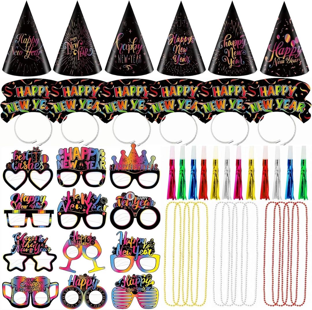 2026 Happy New Year Party Decorations 48pcs New Years Eve Party Supplies Happy New Year Party Cone Hats, Tiaras, Blowouts and Necklace, 2026 New Years Party Decoration Supplies