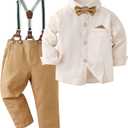 DISAUR Baby Boy Clothes Suits Toddler Dress Shirt With Bowtie Suspender Pants Outfit Sets Gentleman Wedding, Beige, 4-5T