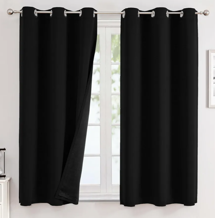 ChrisDowa 100% Blackout Curtains for Bedroom with Black Liner, 4 Thick Layers Total Blackout Thermal Insulated Grommet Window Curtains 4 Panels Set (Black, 70x62)