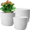 9/8/7.5 inch Flower Pots, Set of 3 Modern Decorative Plastic Planters with Drainage Holes and Saucers for Garden House Plants, Plant Pots for Indoor Outdoor Plants, Speckled White