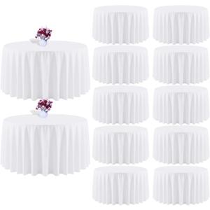 12 Packs 120 Inch White Round Tablecloth in Diameter, Washable Polyester Fabric Tablecloths, Wrinkle Resistant Table Cloth for Wedding Party Banquet Dining