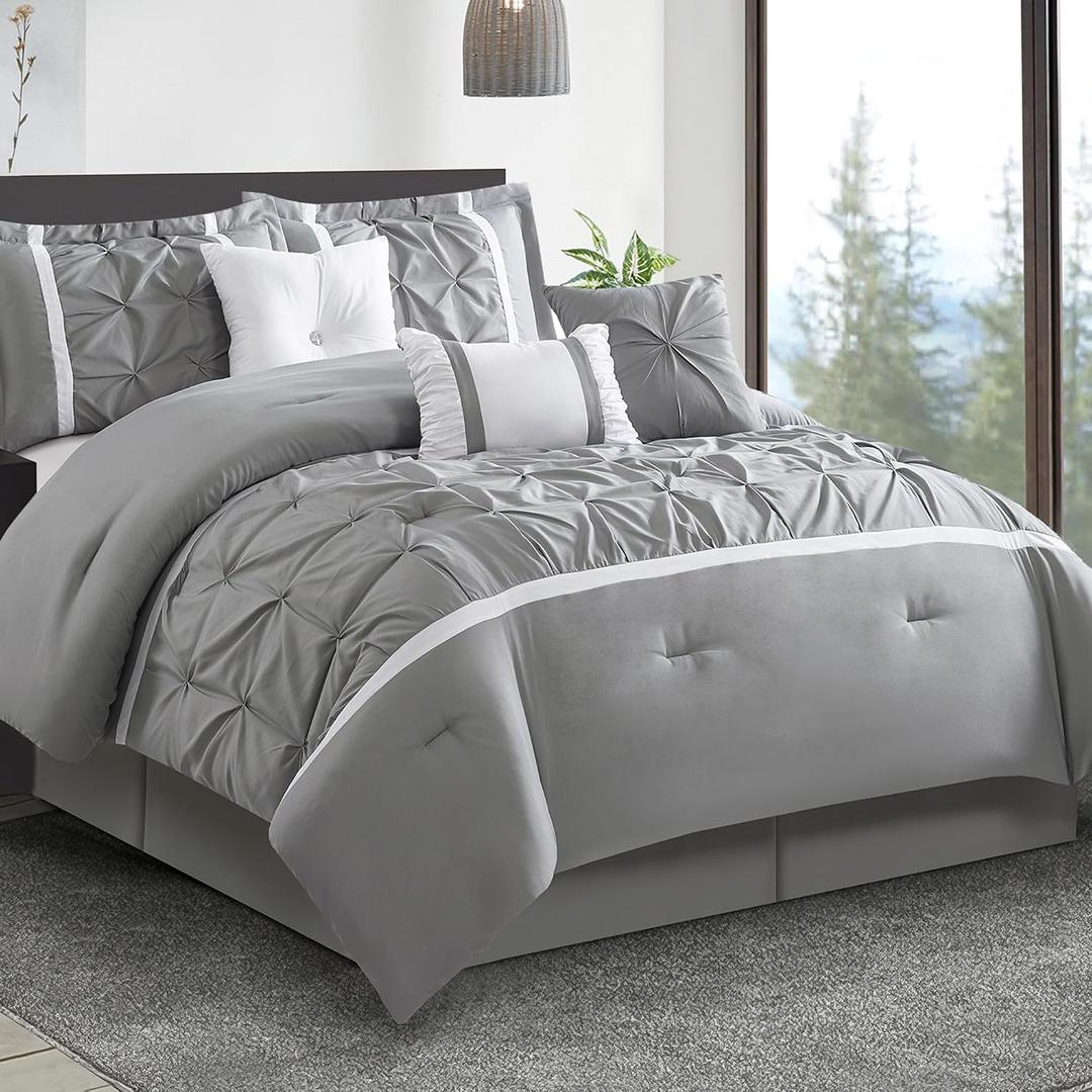 Grey Comforter Set, Queen, 7 Piece Bed in a Bag, Microfiber Handcrafted Pintucking, All Season Bedding Set with Comforter, Bedskirt, Pillow Shams and Decro Pillows