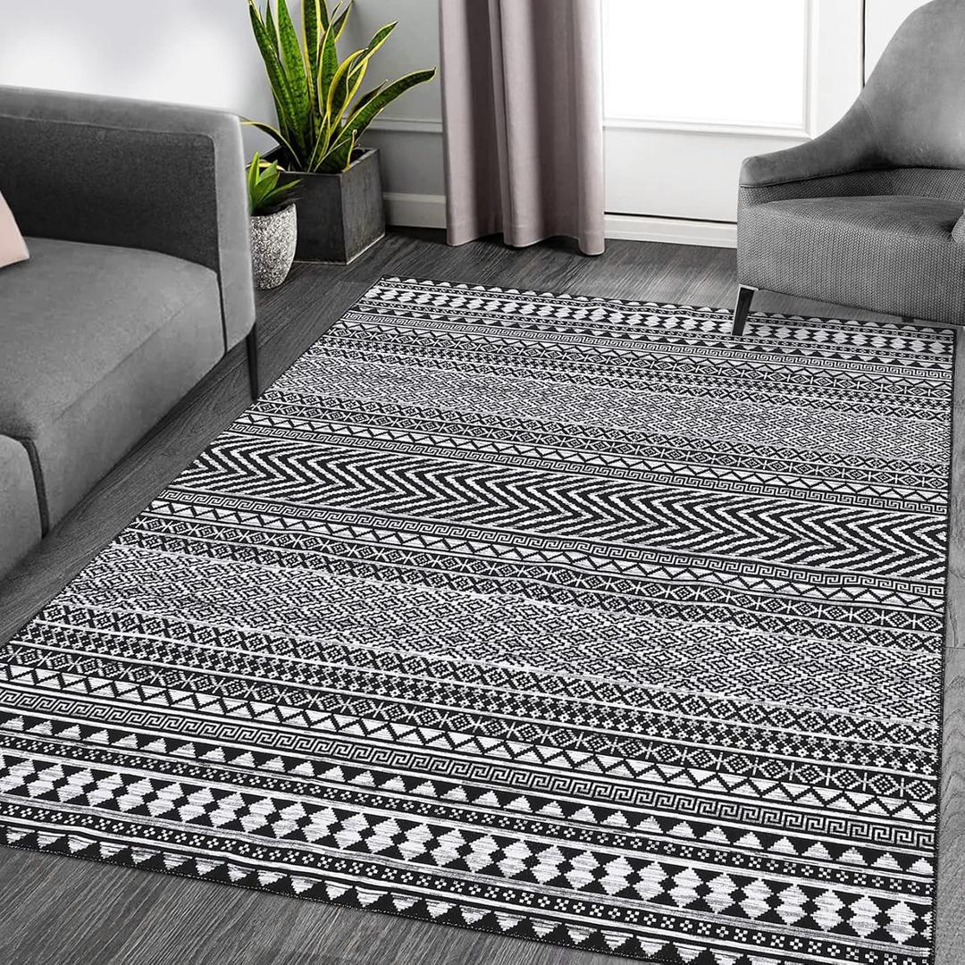 RUGSREAL Large 9 x 12 Boho Area Rug for Living Room - Non Slip, Low Pile, Machine Washable Farmhouse Carpet for Bedroom, Home Office (Black)