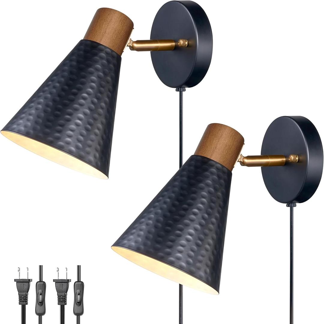 Black Plug in Wall Sconces Set of 2, Modern Bedroom Wall Light with on/off Cord, Wooden Plug Sconce with Hammered Metal Shade, Corded Wall Sconce Light for Decor Bedroom, Living Room, Hallway