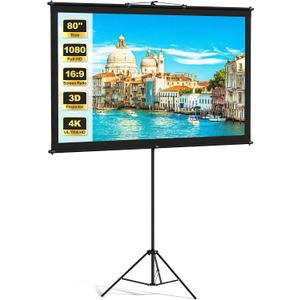 Projector Screen with Tripod Stand, Indoor Movie Screen, 80 in Portable Projection Screen, 16:9, 4K Display Washable Mobile Polyester Fabric Projector Screen for Backyard, Home Theater