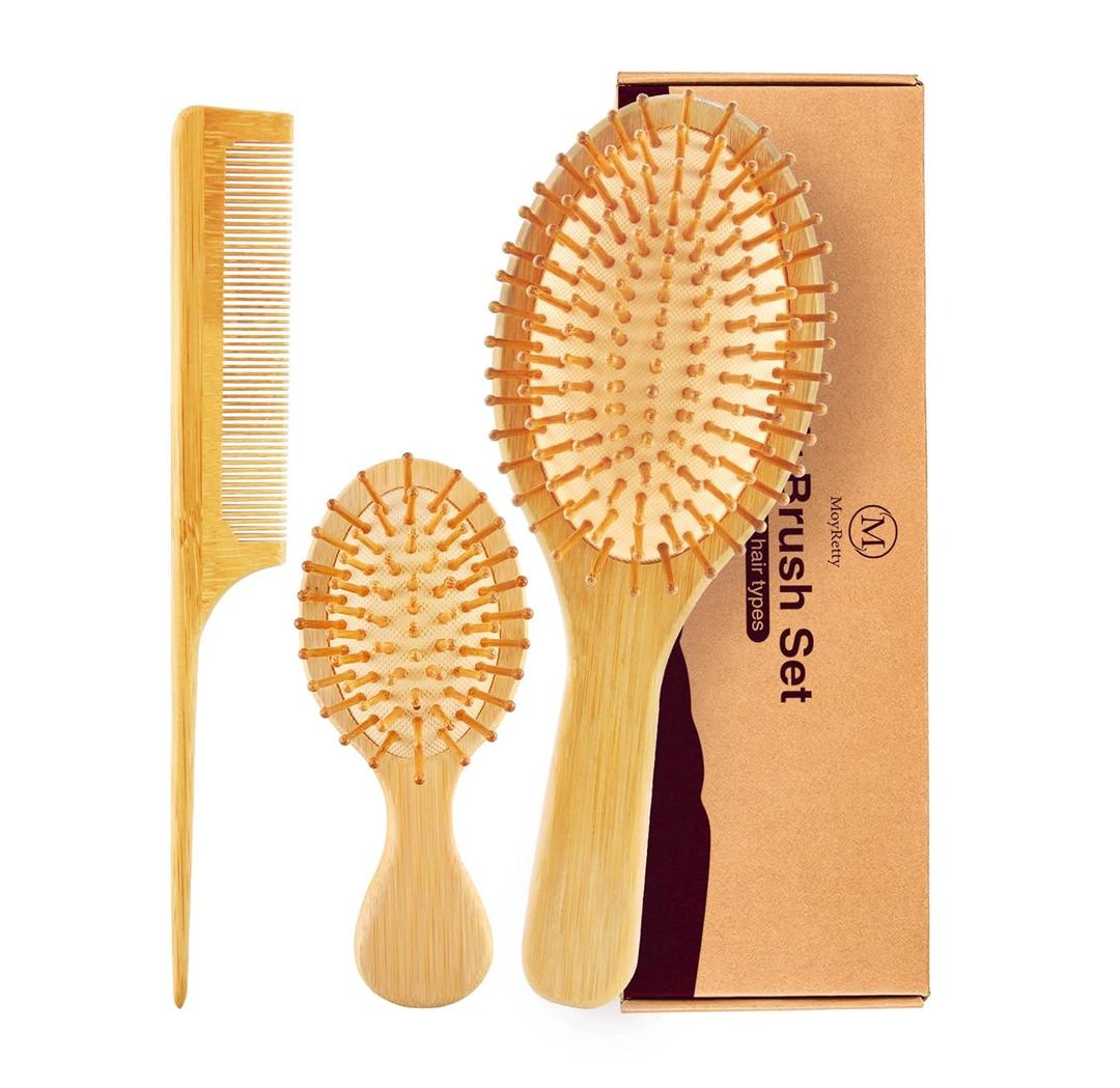 MoyRetty Bamboo Hair Brush Comb Set - Natural Wooden Hairbrush Paddle Detangling for Thick Thin Curly Straight Wavy Dry Fine Hair, Men Women and Kids, Static-Free(3 Pcs) Yellow