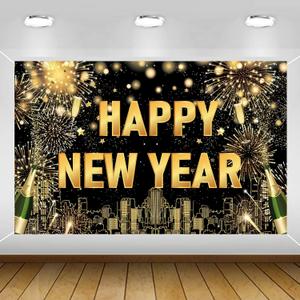Large Happy New Year Backdrop Banner, Black Gold New Years Banner Happy New Year Decorations 2026, New Years Eve Backdrop 2026 for NewYear Eve Party Supplies 2026