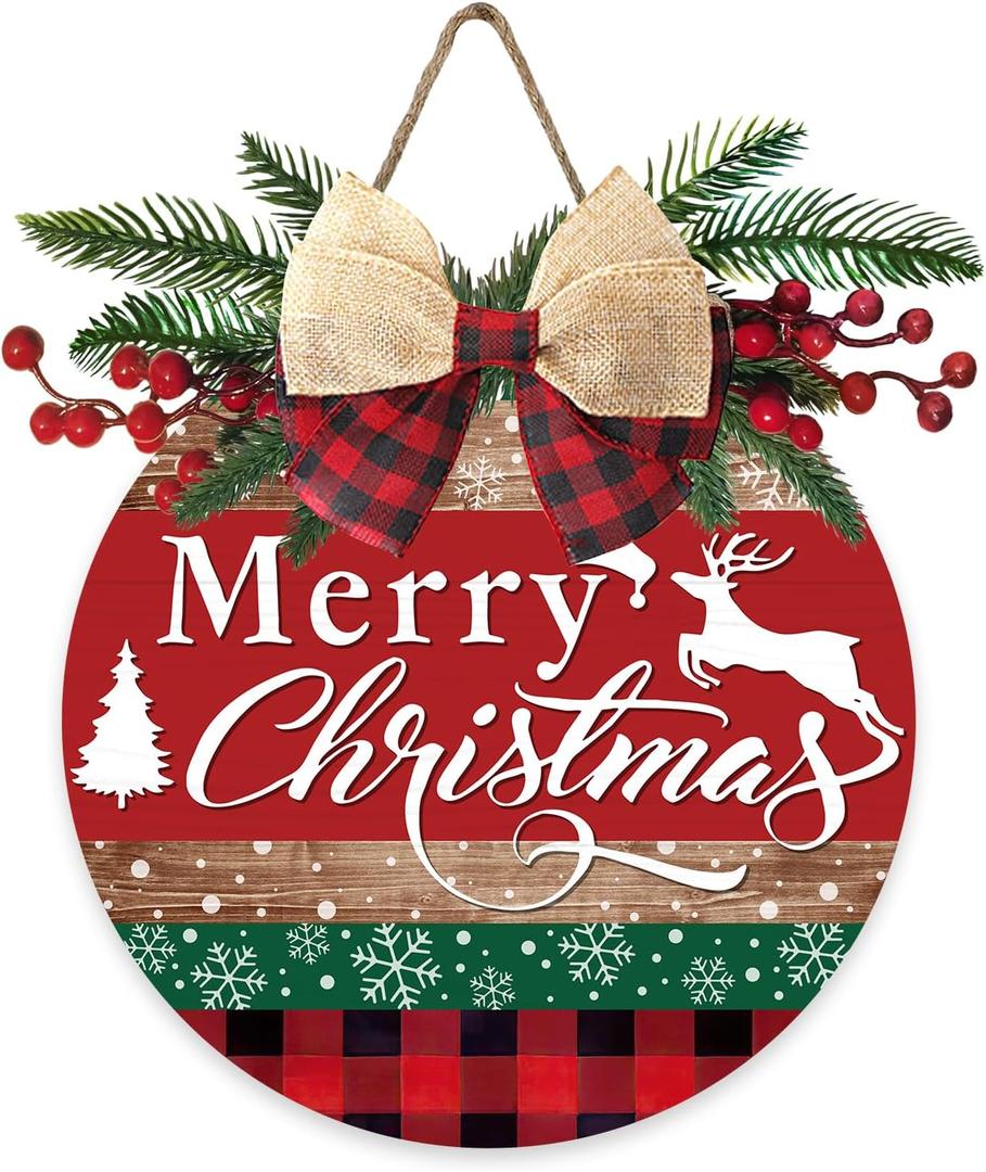 Deroro Merry Christmas Tree Deer Front Door Sign, Xmas Holiday Snowflake Plaid Wood Door Hanger Outdoor Outside Porch Decor, Farmhouse Wooden Wreath with Bow Red Berry Indoor Wall Hanging Decoration