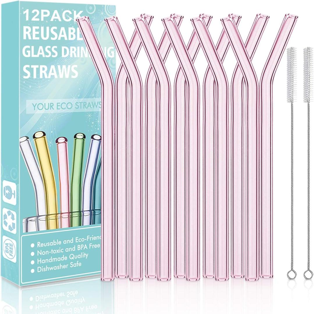Reusable Bent Glass Drinking Straws,Set of 12 Bent Straws With 2 Cleaning Brushes,Shatter Resistant,Non-Toxic,Eco Friendly Reusable Straws (Pink 12 Pack)