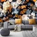 WFBHUA-Black and Gold Floral Wallpaper for Bedroom Vintage Blue Peony Flower Wall Mural (Not Peel and Stick)