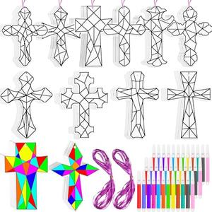 Motipuns 72 Set Christian Religious Cross Crafts Kit with Watercolor Pen,Color Your Own Cross Suncatchers Craft Easter DIY Ornaments for Sunday School Classroom Church Art Craft