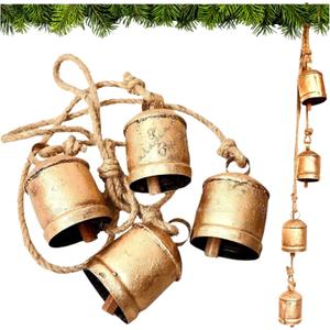 Rustic Decorative Cow Bells 4-Bell Cluster Christmas Bell Shabby Chic Vintage Harmony Cowbell Brass Coated Country Jute Rope Hanging Gold Bells (4pc Cluster 10cm)