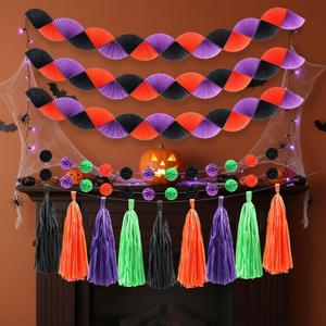 Pasimy Halloween Party Decorations Black Purple Orange Green Honeycomb Garlands Honeycomb Ball Garlands Tassel Banner for Halloween Birthday Wedding Baby Bridal Shower Decorations Supplies Kit