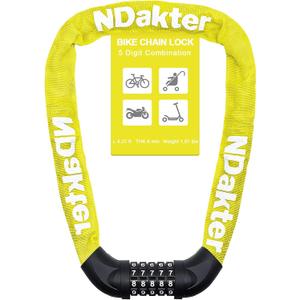 NDakter Bike Lock, 5 Digit Combination Heavy Duty Anti Theft Bicycle Chain Lock, 4.27Ft Long, High Security Resettable, Suitable for Bike, Scooter, Door, Gate, Fence-4/6mm Thick