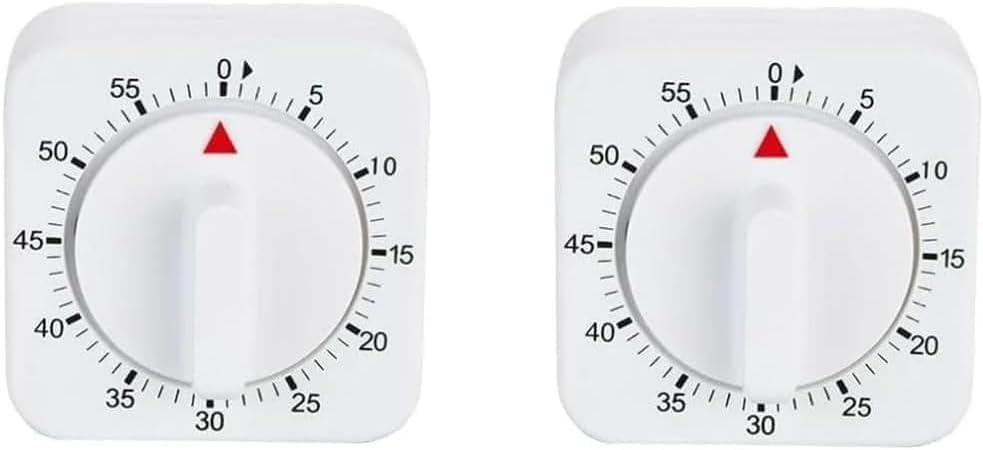 2Pcs White 60-Minute Mechanical Kitchen Timer Clock with Loud Alarm - Wind Up Visual Cooking Clock, No Batteries Required - Ideal for Cooking, Thermometers and Timers, Baking and Kitchen Management