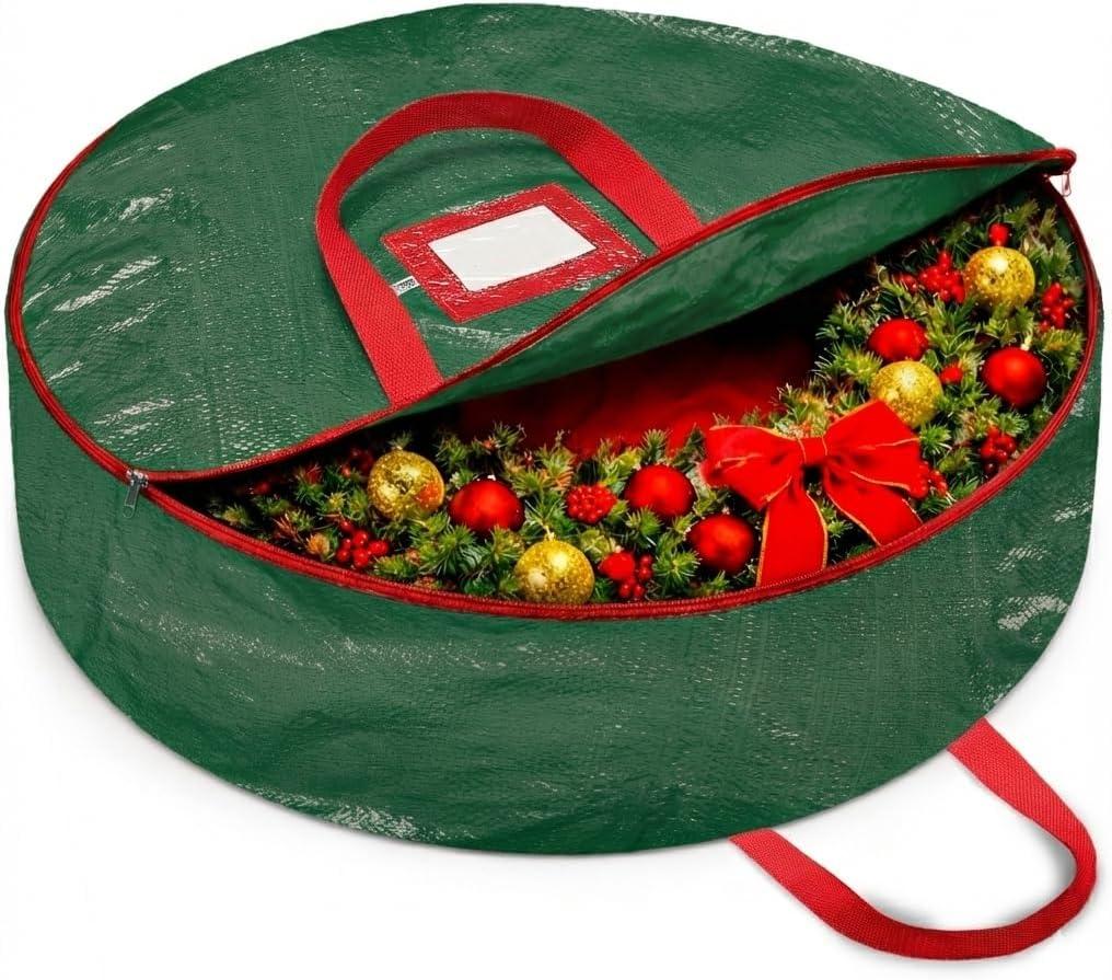 2 x ZOBER Christmas Wreath Storage Container 36 Inch - Wreath Bag for Artificial Wreaths Box - Dual Zippered Wreaths Storage Bag with Strong Durable Handles - Green