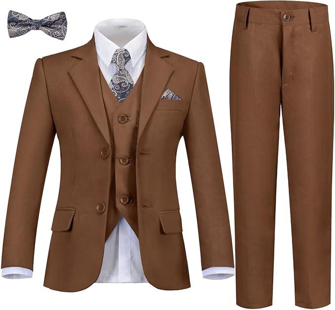 Boys Formal Suit Set Kids Tuxedo Suits for Boys Easter Wedding Outfit with Ties and Pocket Square 4 Pcs Set 5T, Brown