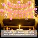 Birthday Decorations,Pink Happy Birthday Banner with Fairy lights,Pennant Banner,Honeycomb Balls and Star Hanging Swirls Streamer Happy Birthday Party Decorations for Women Men Boys Girls
