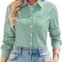 IBAOTORONI Women’s Striped Button Down Shirt Cotton Long Sleeve Collared Casual Work Stripe Blouse Tops with Pocket (L)