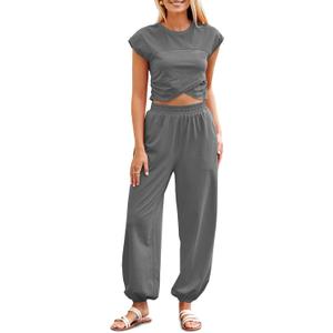 Fisoew Women's Two Piece Outfits Casual Lounge Sets Crop Tops and Joggers Tracksuit with Pockets, Medium, Dark Grey