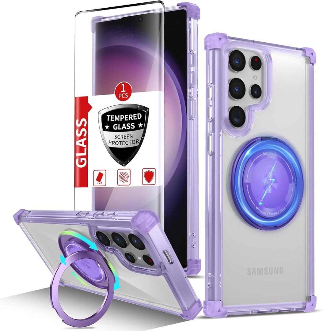 for Samsung Galaxy S23Ultra Case Compatible Wireless Charging Magnetic,with Screen Protector,for S23Ultra Phone Case with 360Stand Ring Military Grade Shockproof Heavy Duty Protection Purple