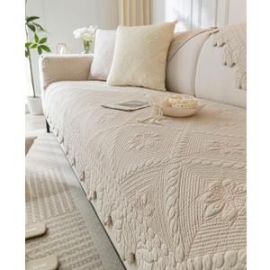 vctops Farmhouse 100% Cotton Quilted Couch Cover Floral Embroidered Sofa Cover Non-Slip Soft Sofa Slipcover Washable Furniture Protector (Khaki, 28"x59")