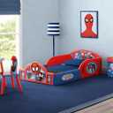Delta Children - Marvel Spidey and His Amazing Friends 4-Piece Toddler Room-in-a-Box Set Includes Sleep and Play Toddler Bed, Table, 1 Chair and Fabric Toy Box, Blue/Red