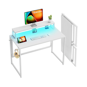 Small Folding Desk 39.4 Inch, Foldable Computer Desks with LED Lights and Monitor Stand, Work Portable Table for Bedroom Home Office, White