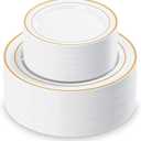 200PCS White Plastic Plates with Gold Rim, Disposable Heavy Duty Plastic Plate, 100 Dinner and 100 Dessert Plates for Party and Wedding