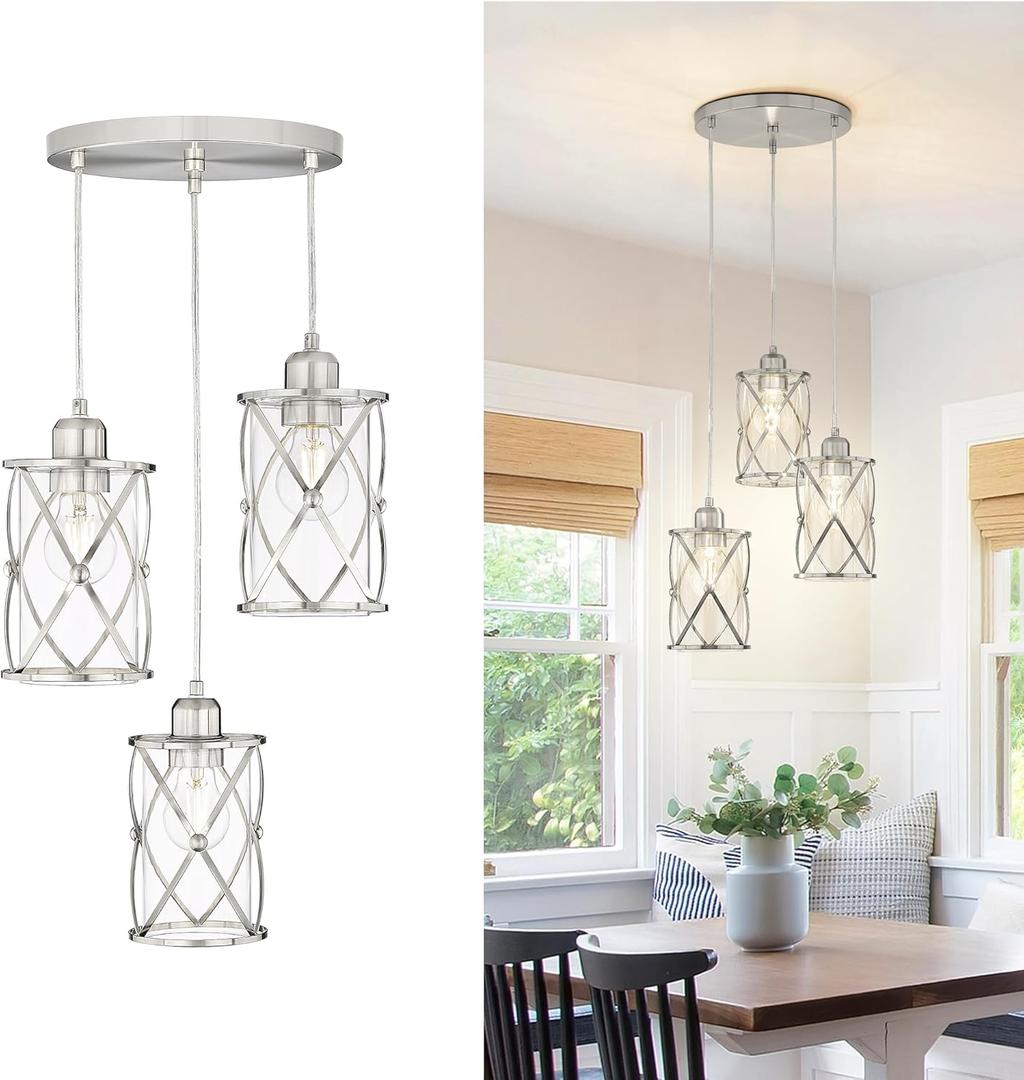 Brushed Nickel Dining Room Chandelier Light Fixture, 3-Light Pendant Lighting with Clear Glass, Modern Kitchen Island Cluster Hanging Pendant Lights for Sink, CH9176BN3