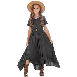 Seechoslo Tween Girls Maxi Dress Short Sleeve Casual Flowy Boho Style Summer Long Dress for Girls Big Kids, Size 12Y