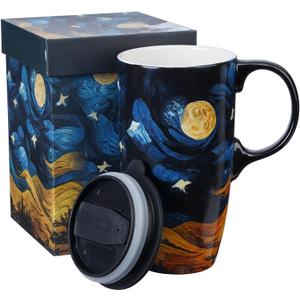 Topadorn Ceramic Coffee Travel Mug with Lid and Handle - 17 Oz Large Ceramic Latte Teacup with Color Box, Splash Resistant Lid - To Go Tumbler for Car Cup Holder, Starry Sky