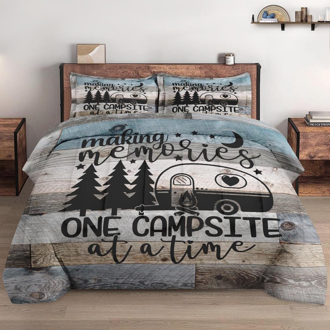 Queen Size Comforter Set with 2 Pillowcases, Inspirational Vintage Winter Retro Camp Soft 3 Pcs Bedding Set for Kids and Adults Bedroom Bed Decor