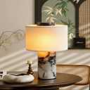 Cordless Marble Table Lamp with USB Port Rechargeable Battery Operated,Bedroom Nightstand Stone Base Touch Dimmable Night Light End Linen Lamp Shades for Side Contemporary Coastal Living Room