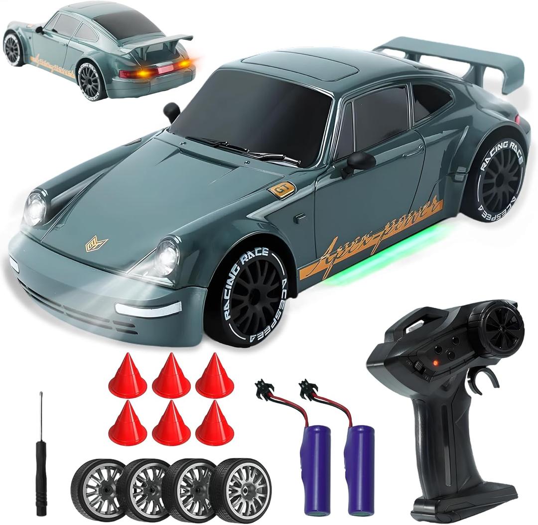 SANCO 1:20 RC Drift Car - 2.4G Drifting Car with Dual Tire System & LED Lights, 20+KM/H, 50-Minute Playtime, Racing Toy Remote Control for Adults Boys Girls 2pcs Rechargeable Batteries,  Gray